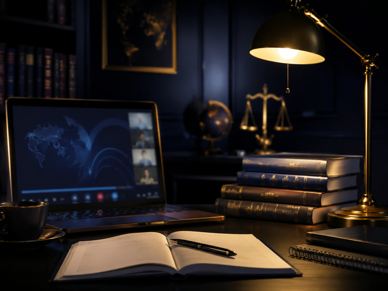 Ambiente de estudo: aula ao vivo com livros de Direito e Relações Internacionais
